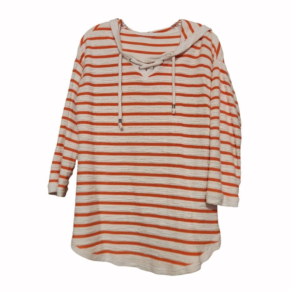 Orange & White Striped Hooded Pullover Sweater with Lace-Up Neckline 3/4 Sleeves
